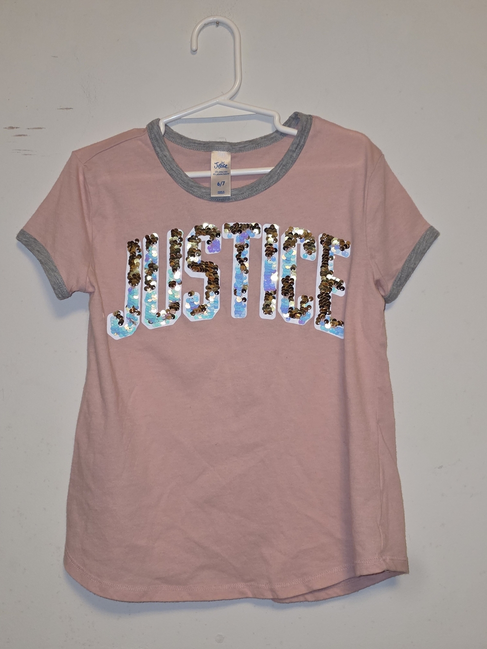 Justice Pink Ringer Tee with Gold Sequin Logo